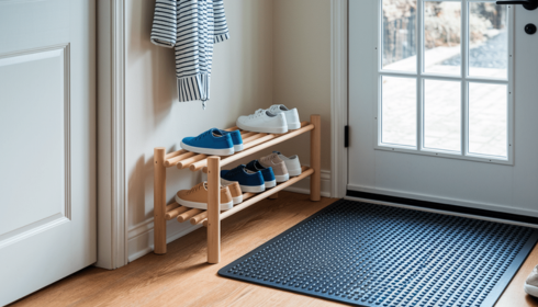 How can creating a simple “drop zone” for phones and chargers reduce clutter on other surfaces